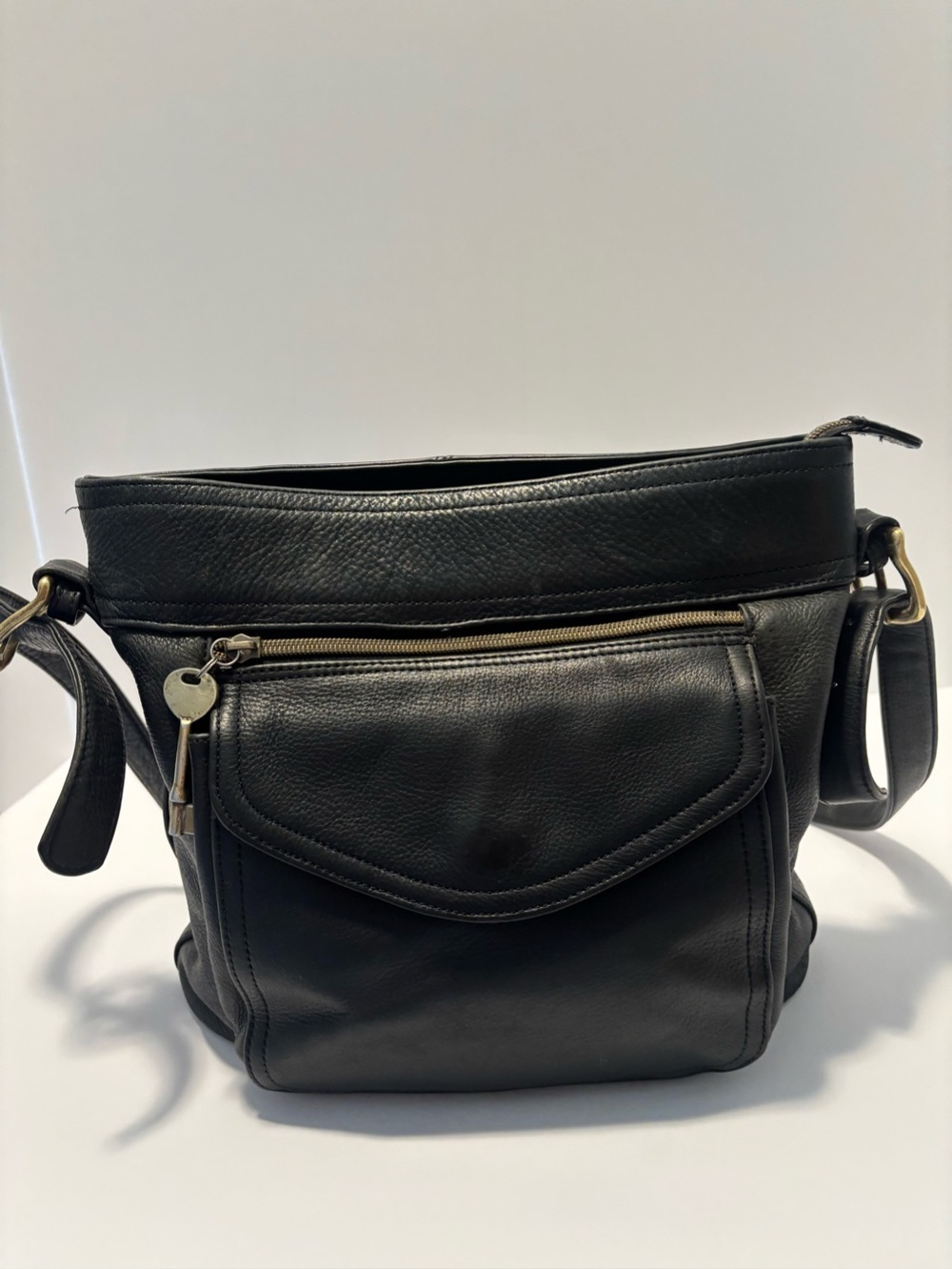 Fossil Black Leather Pebbled Crossbody with Front Flap Pocket